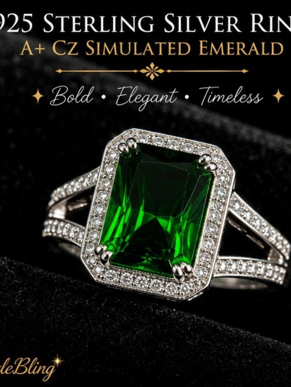 NIB 925 Sterling Silver Emerald Cut Simulated Emerald Ring Size 7 or 9 A+ CZ
